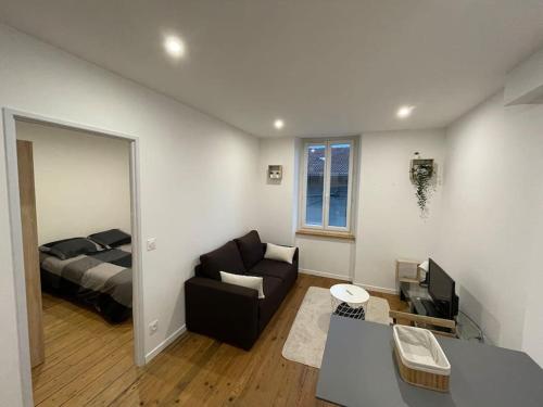 sala de estar con sofá y cama en Le péageois : Appartement lumineux et calme, en Bourg-de-Péage