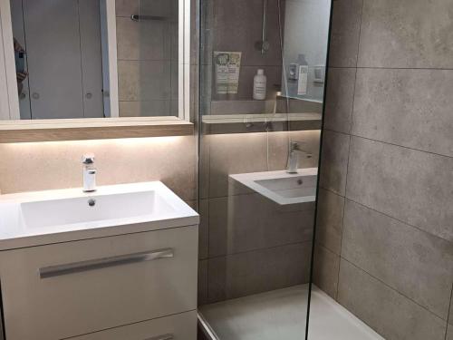 une salle de bain avec un lavabo et un miroir dans l'établissement Studio Climatisé avec Terrasse, Piscine Privée et Accès Mer, Villeneuve-Loubet - FR-1-252A-38, à Villeneuve-Loubet