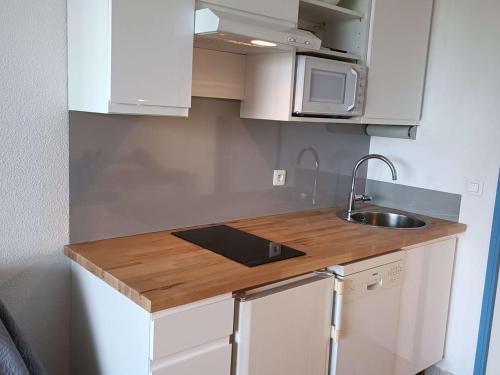 un comptoir de cuisine avec un évier et un micro-ondes dans l'établissement Studio Climatisé avec Terrasse, Piscine Privée et Accès Mer, Villeneuve-Loubet - FR-1-252A-38, à Villeneuve-Loubet