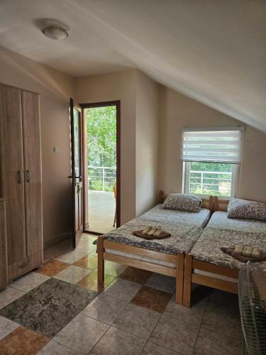 - une chambre avec un grand lit et une fenêtre dans l'établissement Vila Lana, à Bela Crkva
