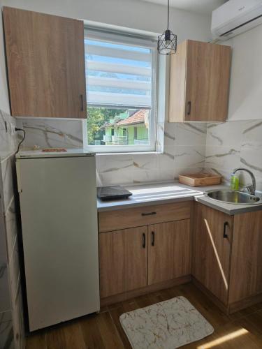 Elle comprend une petite cuisine avec un évier et une fenêtre. dans l'établissement Vila Lana, à Bela Crkva