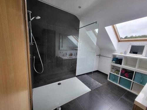 baño con ducha y puerta de cristal en Chambre London proche du circuit, en Spa