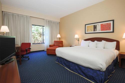 um quarto de hotel com uma cama grande e uma televisão em Courtyard by Marriott Flint Grand Blanc em Flint