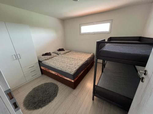 オストラヴァにあるJohnys apartmentの小さなベッドルーム(二段ベッド2台、窓付)が備わります。