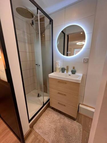 une salle de bain avec une douche, un lavabo et un miroir dans l'établissement Studio « Le petit Prat », à Colomiers