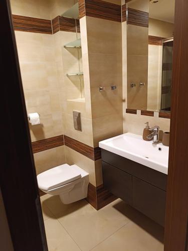 a bathroom with a sink and a toilet and a mirror at Apartament comfort in Pisz