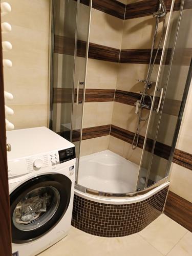 a washing machine in a bathroom with a shower at Apartament comfort in Pisz