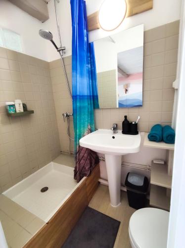 une salle de bain avec un lavabo, une douche et des toilettes dans l'établissement Grand Studio & Terrasse Privée, à Hyères