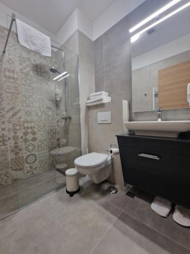 a bathroom with a toilet and a sink and a shower at Vinarija Aleksandrović Rooms in Topola