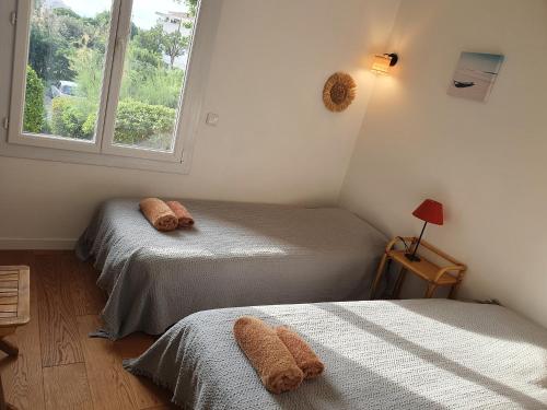 deux lits jumeaux dans une chambre avec fenêtre dans l'établissement La Balancelle, à Marseille