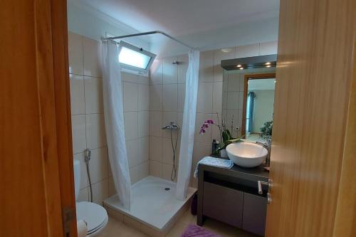 a bathroom with a sink and a shower and a toilet at Flaghouse in Calheta