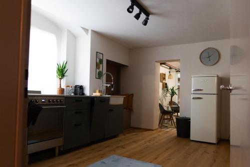 a kitchen with a sink and a refrigerator in a room at Goethe House in old town Zürich in Zurich