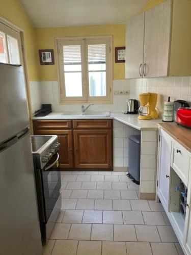une petite cuisine avec un évier et un réfrigérateur dans l'établissement Maison centre Lamotte Beuvron, à Lamotte-Beuvron