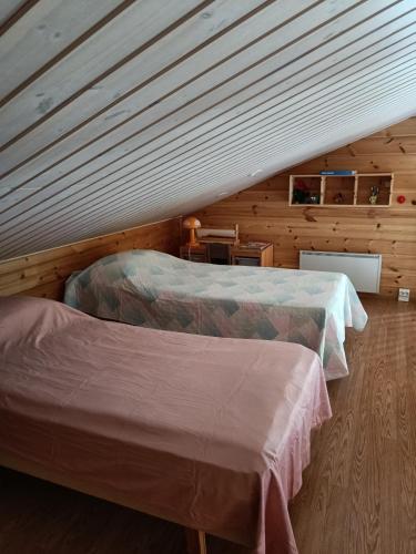 two beds in a room with wooden walls at VILLA OLGA in Tahkovuori