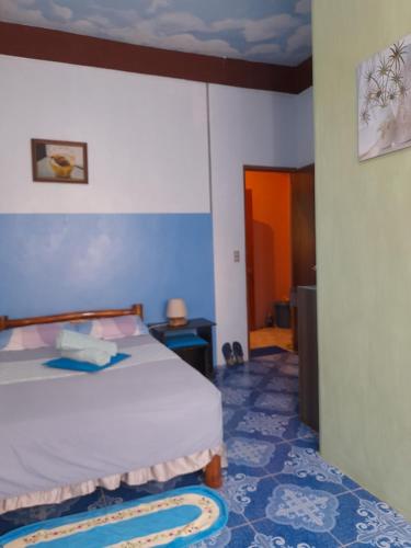 1 dormitorio con 1 cama y suelo azul en Toni Arts Villa en Nabas