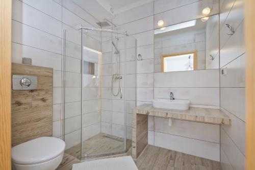 W łazience znajduje się prysznic, toaleta i umywalka. w obiekcie Lili Domki Letniskowe w Karwii