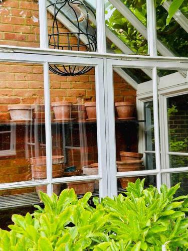 a window of a greenhouse with potted plants in it at Perfectly Positioned Hambleden House in Henley on Thames