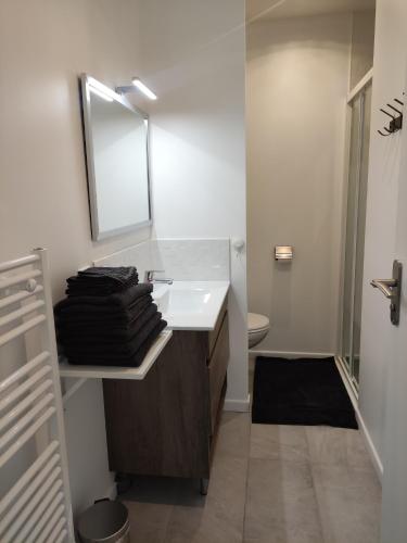 une salle de bain avec un lavabo et un miroir dans l'établissement La maison du Moulin près Lascaux, à Auriac-du-Périgord