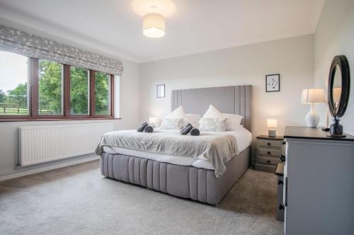 a white bedroom with a large bed and windows at Springfield Lodge - 3 Bedroom Home - Princes Gate in Pembrokeshire