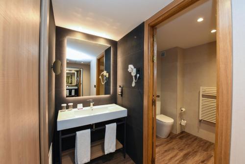 ein Badezimmer mit einem weißen Waschbecken und einem WC in der Unterkunft SOMMOS Hotel Benasque Spa in Benasque
