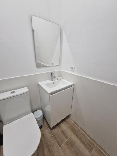 a white bathroom with a toilet and a mirror at ESTACIÓN JOAQUÍN SOROLLA MyHomeStay in Valencia