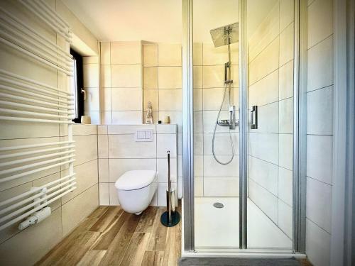une salle de bain avec toilettes et douche en verre dans l'établissement Ferienwohnung-Familienidylle-im-Vogtland-80qm, à Neumark