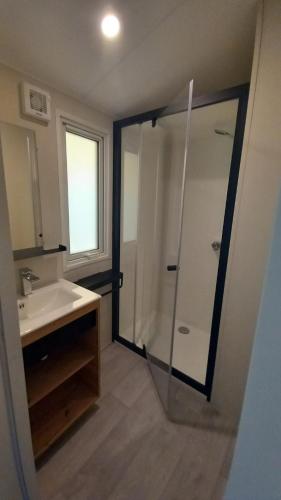 W łazience znajduje się szklana kabina prysznicowa i umywalka. w obiekcie L'ARDECHO MODULO w mieście Saint-Lager-Bressac