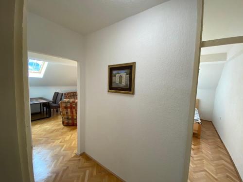 a hallway with a white wall with a picture on it at Family apartment Tara in Mojkovac