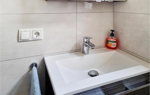 lavabo blanco en el baño con una botella de jabón en Lovely Apartment In Schwarzatal With Wifi, 