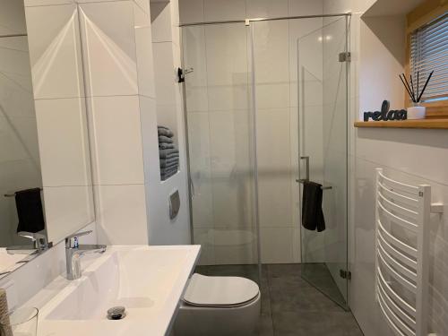 La salle de bains est pourvue d'un lavabo et d'une douche en verre. dans l'établissement Idille1, à Ikšķile