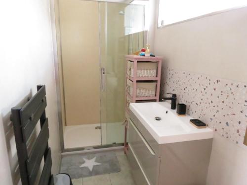 La salle de bains est pourvue d'une douche et d'un lavabo blanc. dans l'établissement Maison campagne, à Roz-Landrieux