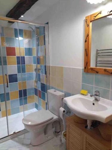 une salle de bain avec toilettes et lavabo dans l'établissement Chez Jules, à Saint-Martin-Vésubie