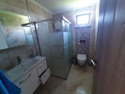 ein Bad mit einer Dusche, einem Waschbecken und einem WC in der Unterkunft Yomra Köy Evi in Yomra