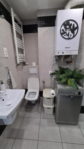 uma casa de banho com um WC e um lavatório em Comfy Studio em Rzeszów