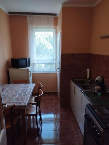 uma cozinha com uma mesa, um lavatório e uma janela em Dózsa Apartman Orosháza em Orosháza