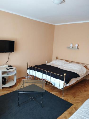 um quarto com uma cama e uma mesa de vidro em Dózsa Apartman Orosháza em Orosháza