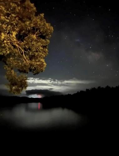 a night time view of a tree and a lake at Bear's Mountaintop Home with Gorgeous Lake Views chalet in Santeetlah