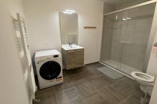 une salle de bain avec douche et machine à laver dans l'établissement Superbe appartement T2 à Arras., à Arras