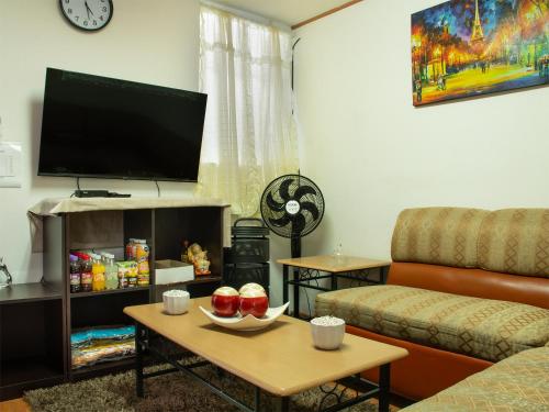 a living room with a couch and a tv at Cómodo Departamento Privado Aeropuerto 7 Min caminando in Mexico City