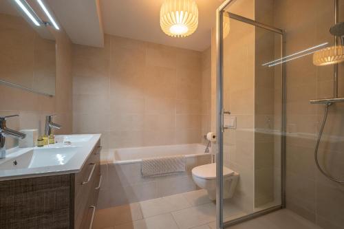 une salle de bain avec toilettes, lavabo et douche dans l'établissement Chalet Les Oréades - Penthouse Duplex Apartment, aux Gets