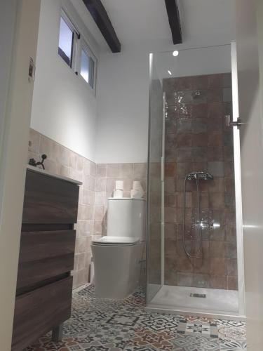 a bathroom with a toilet and a glass shower at Casa Manuel in Úbeda