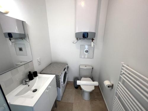 a small bathroom with a toilet and a sink at Le Petit Palais Notre Dame - Heart of Dijon - With AC in Dijon