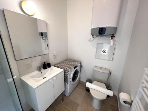 a small bathroom with a sink and a toilet at Le Petit Palais Notre Dame - Heart of Dijon - With AC in Dijon