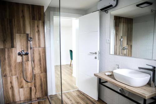 un baño con lavabo y ducha en La Casa Apartments, en Jagodina