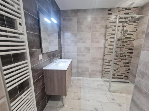 een badkamer met een wastafel en een douche bij Gîtes du Grand Air in Saint-Michel-en-lʼHerm