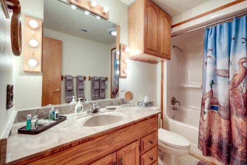 a bathroom with a sink and a toilet and a shower at Lakefront College Station Home Near Texas A and M! in College Station