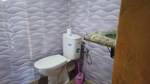 a bathroom with a toilet in a tiled wall at Camp Sahara Dunes in Mhamid