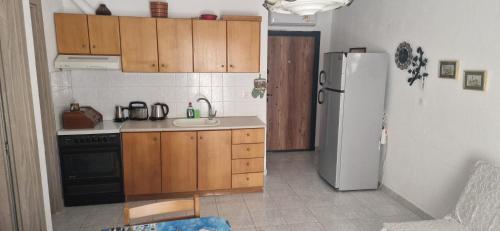 een kleine keuken met een koelkast en een wastafel bij Pefkochori Family Spot in Pefkochori