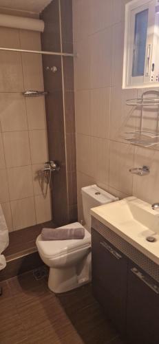 een badkamer met een toilet en een wastafel bij Pefkochori Family Spot in Pefkochori