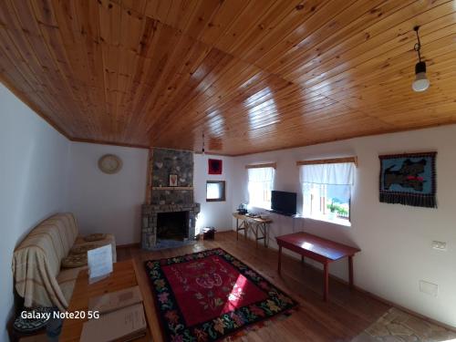 ein Wohnzimmer mit einem Sofa und einer Holzdecke in der Unterkunft Mountain Vista Guesthouse Shkafi in Shkodra